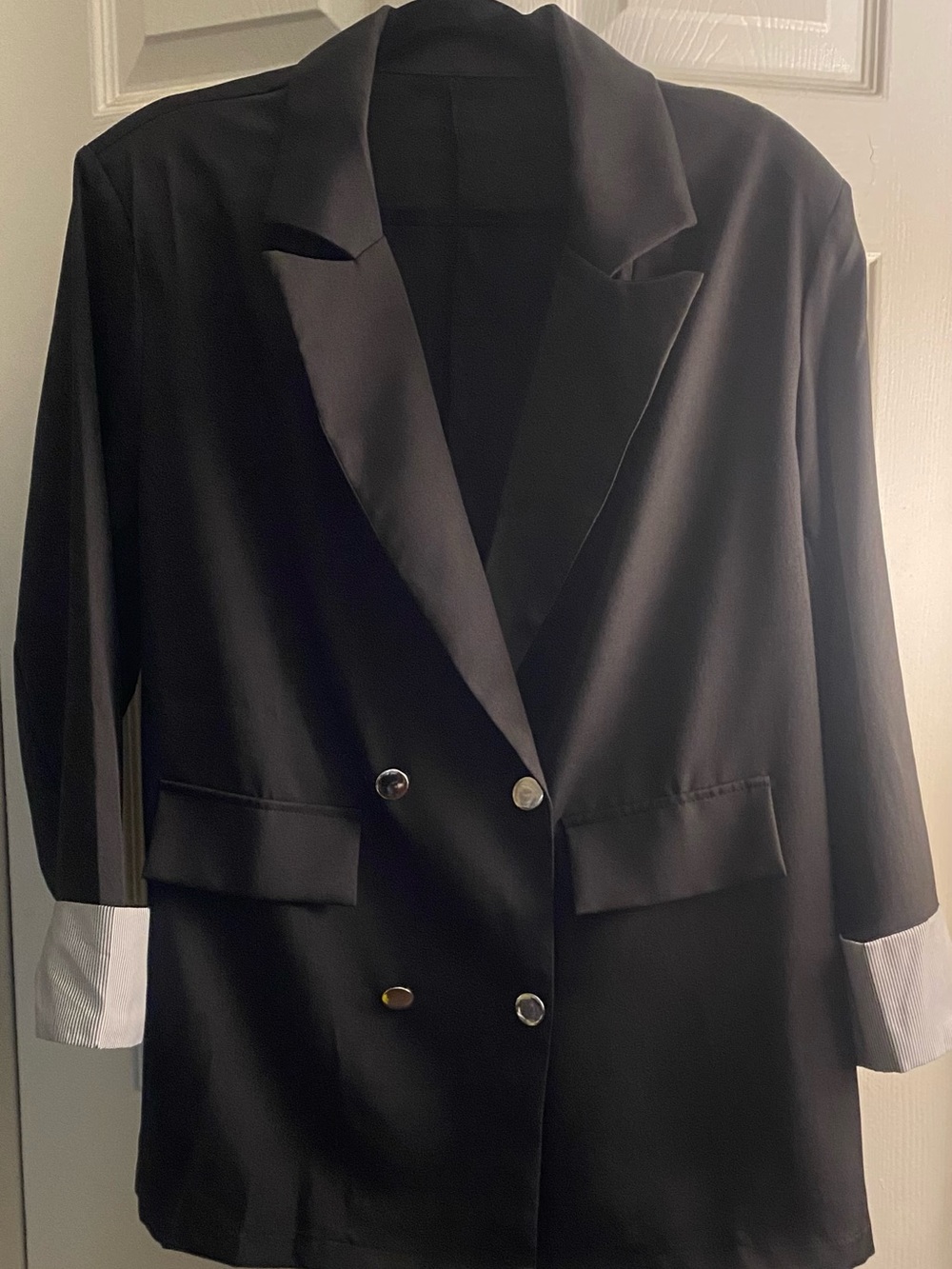 Women's Black Double-Breasted Blazer with Contrast Cuff Detail